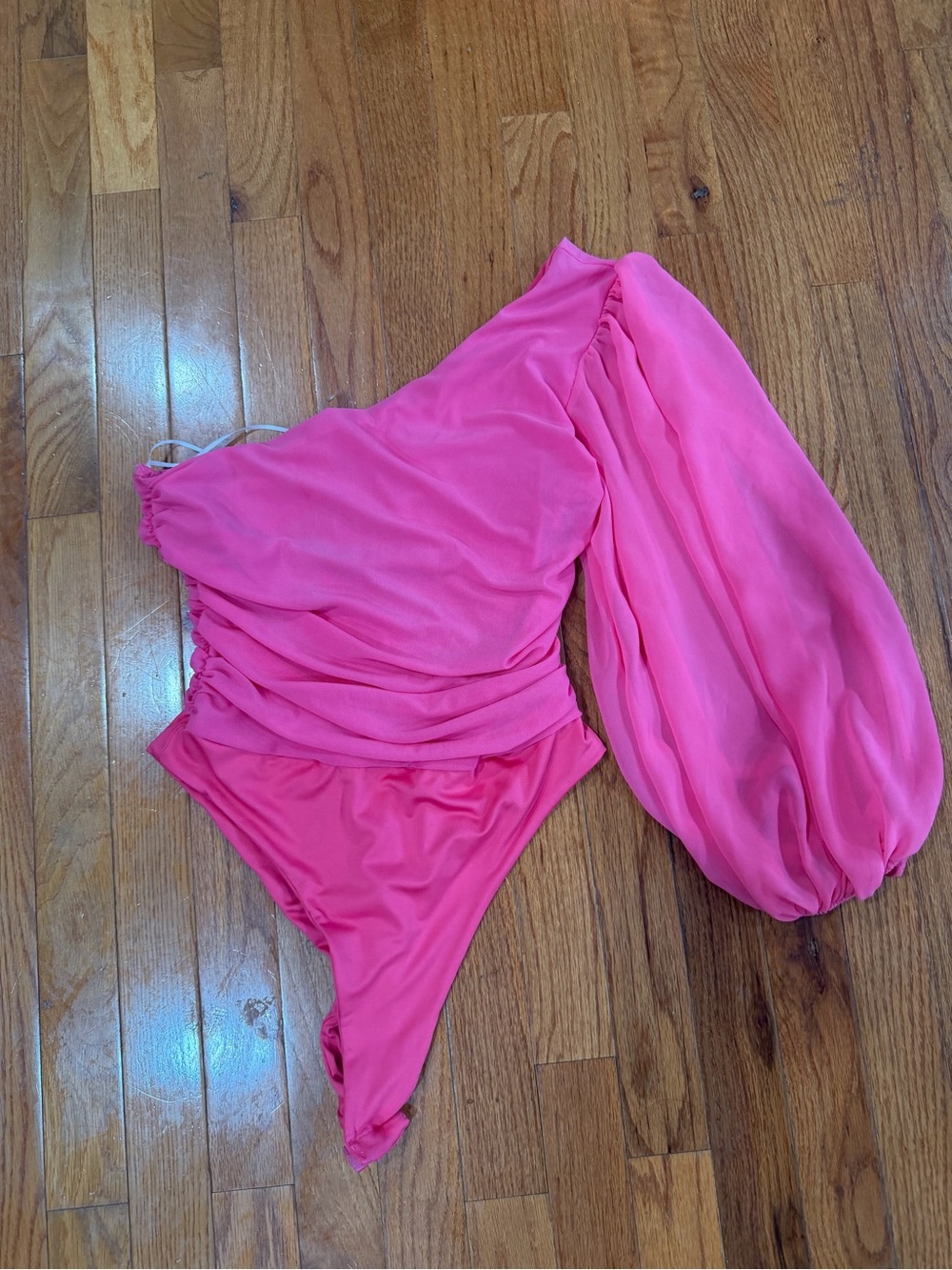 Hello Molly Hot Pink One-Shoulder One-Piece with Dramatic Puff Sleeve